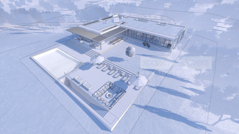Casa em Santiago do Cacém. 3D do Projeto de arquitetura. Vista aérea a Sudeste. Casa em Santiago do Cacém. 3D do Projeto de arquitetura. Vista aérea a Sudeste.