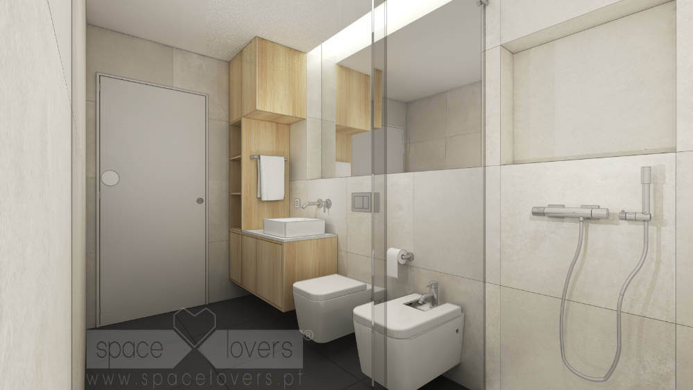 Remodelação de apartamento no Areeiro em Lisboa. 3D de Casa de banho com base de duche com nicho