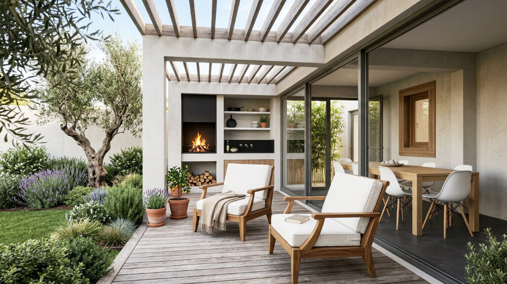 Remodelação de moradia em Alcochete. Projeto de remodelação com zona exterior de pérgola e churrasco, interligado com zona de refeições semi exterior/interior.
