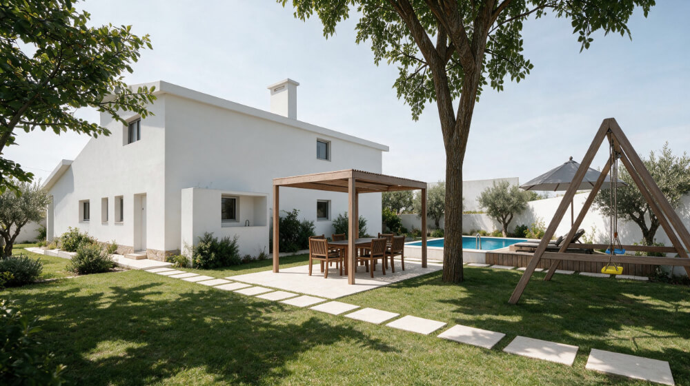 Remodelação de Moradia na Varzea de Sintra. Arranjos exteriores na zona tardoz do lote. Pergola, churrasco, zona de brincar e piscina.