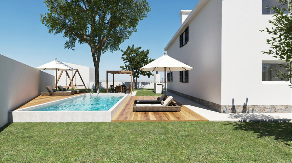 Remodelação de Moradia na Varzea de Sintra. Arranjos exteriores na zona tardoz do lote. Piscina e zona de deck.