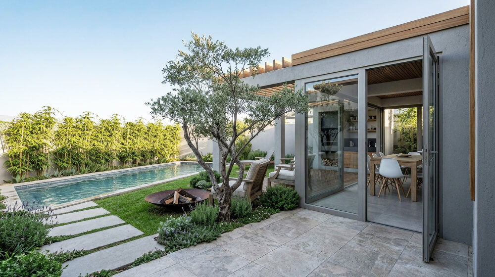 Remodelação de moradia em Alcochete. Zona de arranjos exteriores pensada de forma integrada com piscina e parte coberta para refeições e contemplação.