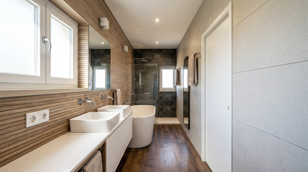Remodelação de Moradia na Quinta do Peru. Casa de banho suite com duche e banheira livre instalação.