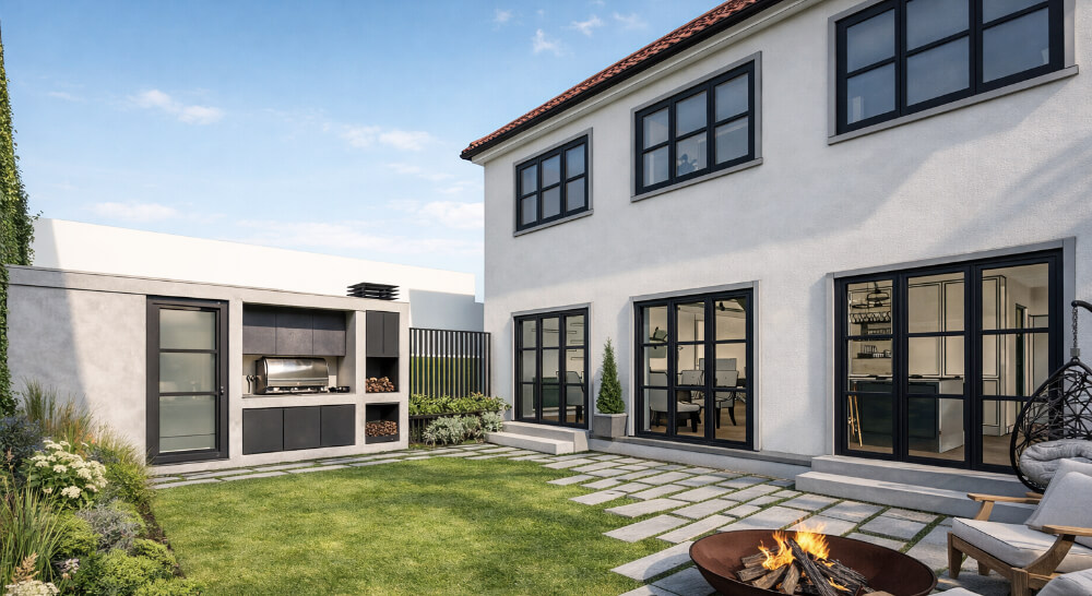 Remodelação de moradia restelo. Logradouro poserior com jardim, zona de churrasco e fire pit