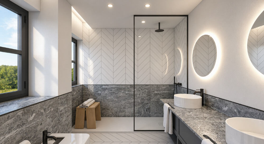 Remodelação de moradia no restelo em Lisboa. Casa de banho da master suite com pedra mármore verde viana.
