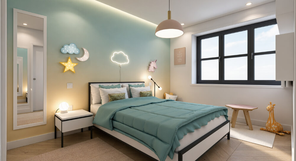 Remodelação de moradia restelo. Quarto de criança com cabeceira de cor em degradê.