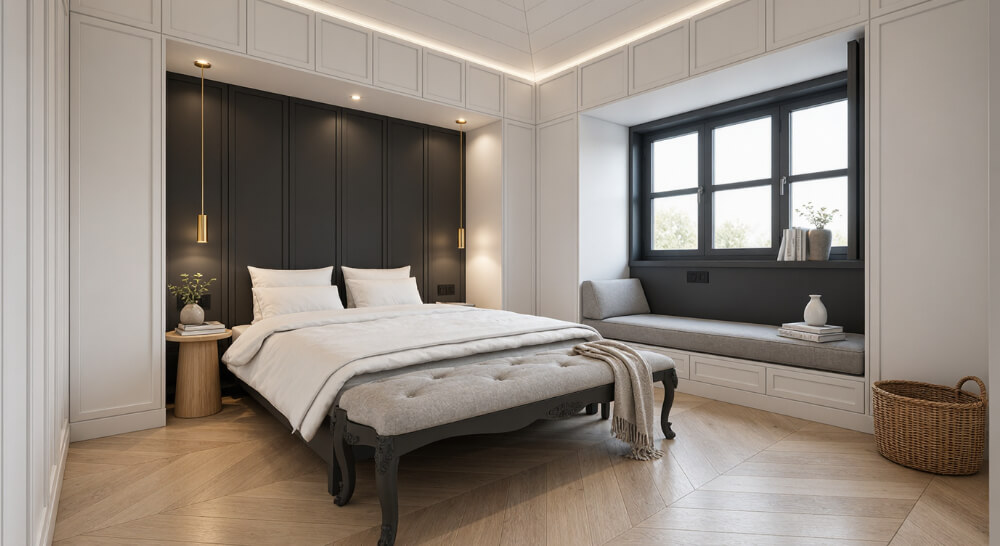 Remodelação de moradia restelo. Quarto master suite com dupla altura e teto inclinado.