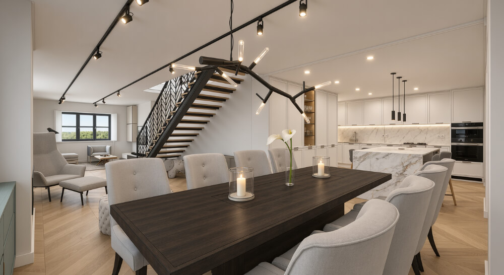 Remodelação de moradia no Bairro do Restelo em Lisboa. Sala de jantar em open space com cozinha.