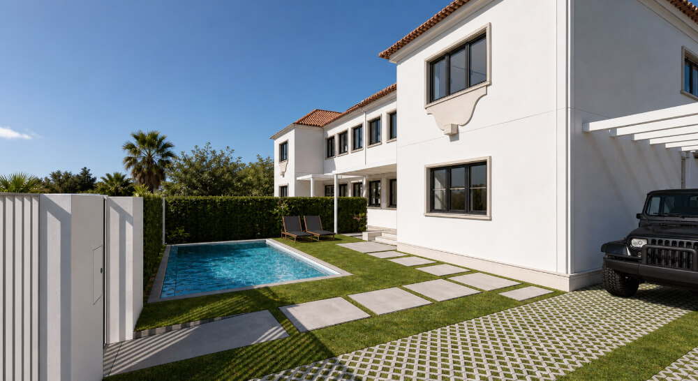 Remodelação de moradia Restelo em Lisboa. Alçado principal com zona de piscina, e zona de parqueamento automóvel.