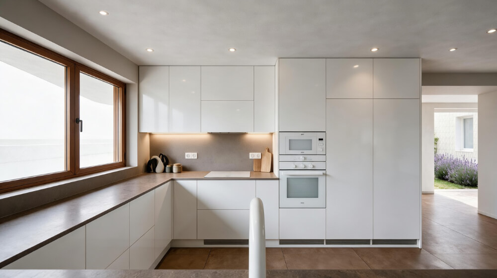 Remodelação de Moradia em Sesimbra. Cozinha lacada a branco mate.