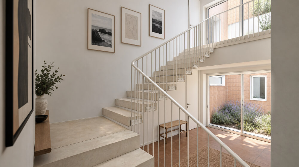 Remodelação de Moradia em Sesimbra. Escadas com degraus suspensos.