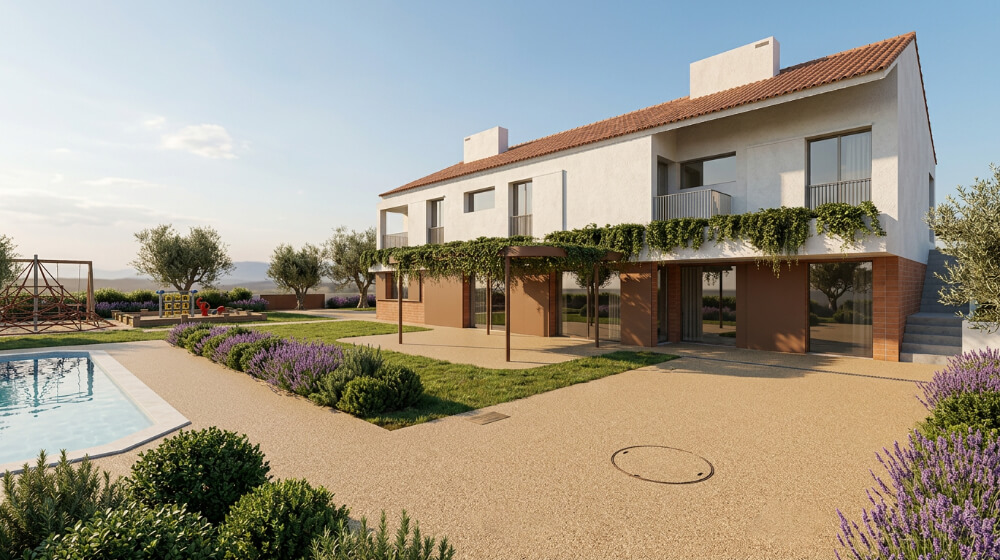 Remodelação de Moradia em Sesimbra. Fachada poente e arranjos exteriores e pergola.