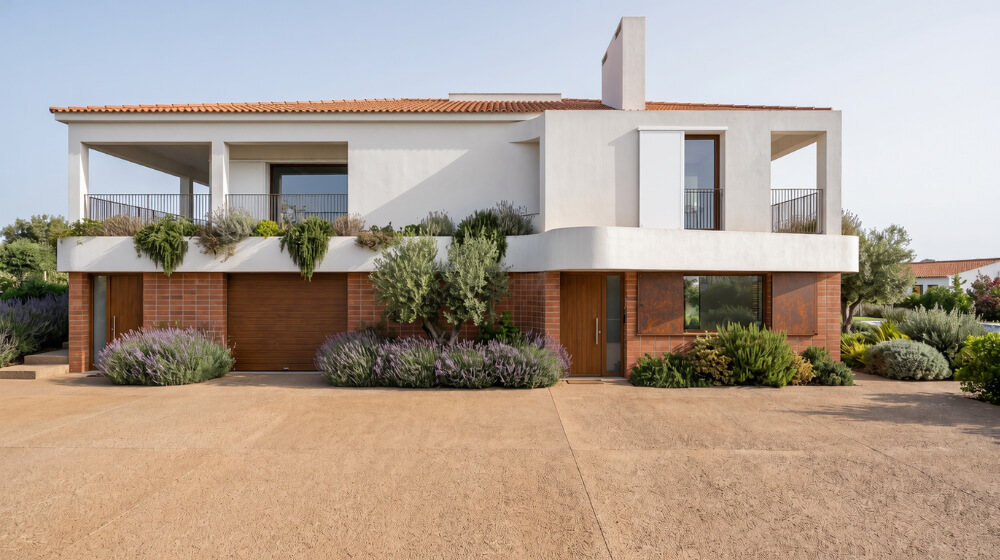 Remodelação de Moradia em Sesimbra. Fachada principal, com floreira contínua entre pisos.
