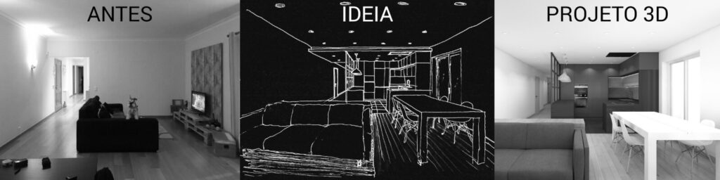 Remodelações de cozinhas pela spacelovers. Antes/existente, ideia/esquisso, projeto 3D / simulação tridimensional